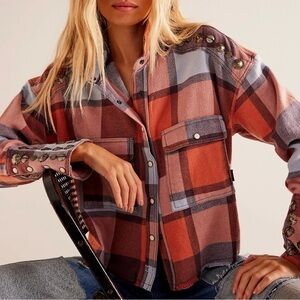 NWOT Free People We The Free Austin Plaid Buttondown- Sz Small -Gingersnap combo